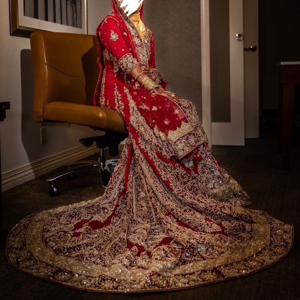 Stunning Red + Gold Desi Bridal Gown by New York Fashion Designer Rahul Arora